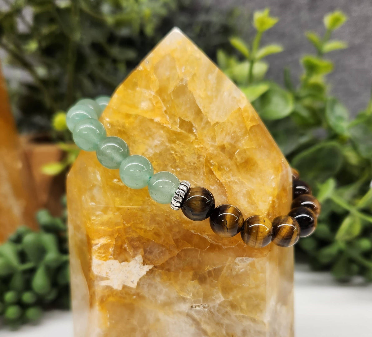 Meraki Gemstones - WEALTH: Green Aventurine & Tiger Eye Bracelet 8mm Beads: OPTION #2: Bracelets with Informational Cards