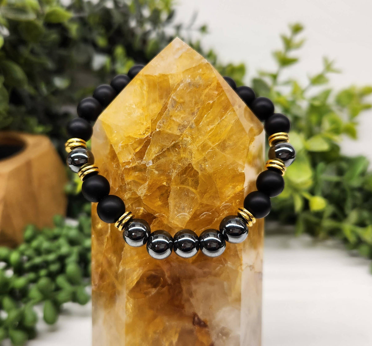 Meraki Gemstones - GROUNDING/BALANCE - Black Obsidian-Matte/Hematite Bracelet: OPTION #2: Bracelets with Informational Cards