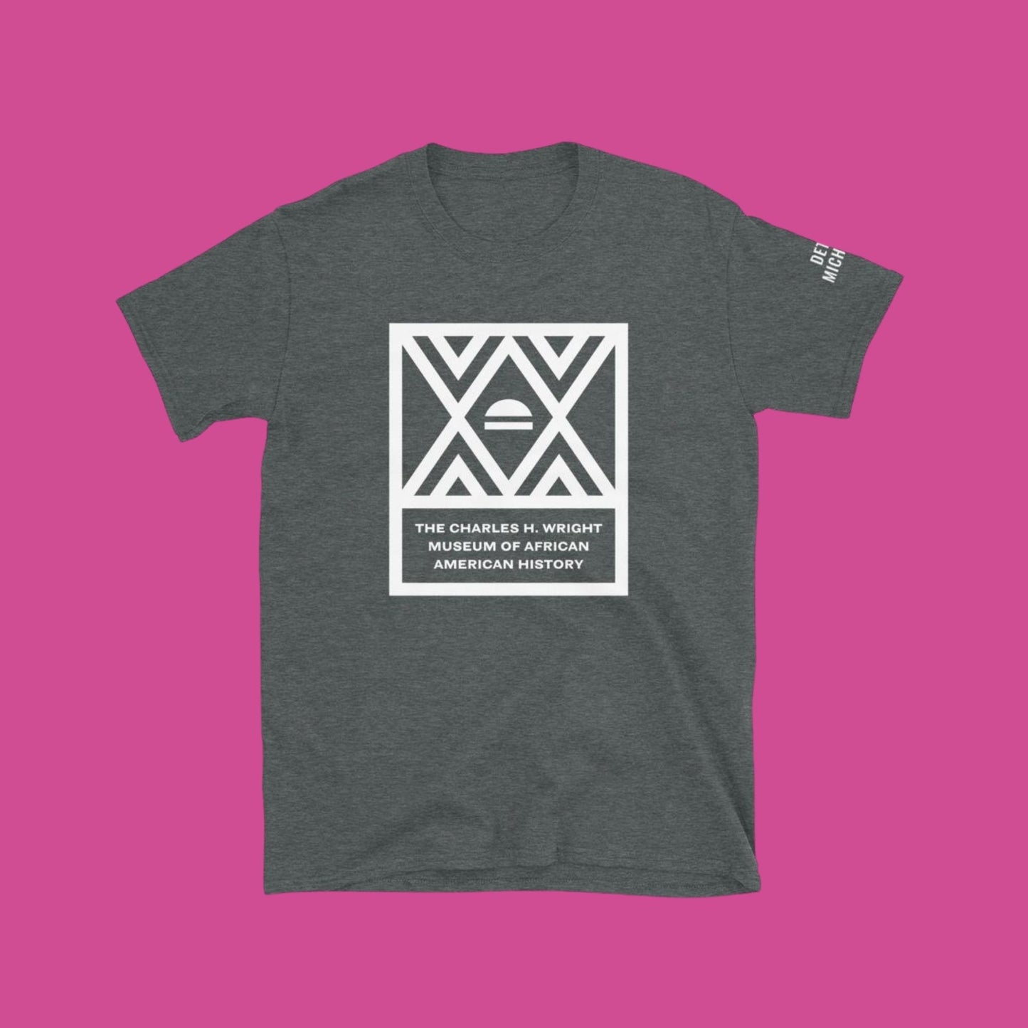 The logo of the Charles H. Wright Museum emblazoned , in white, on the front of a dark heather gray, cotton t-shirt.