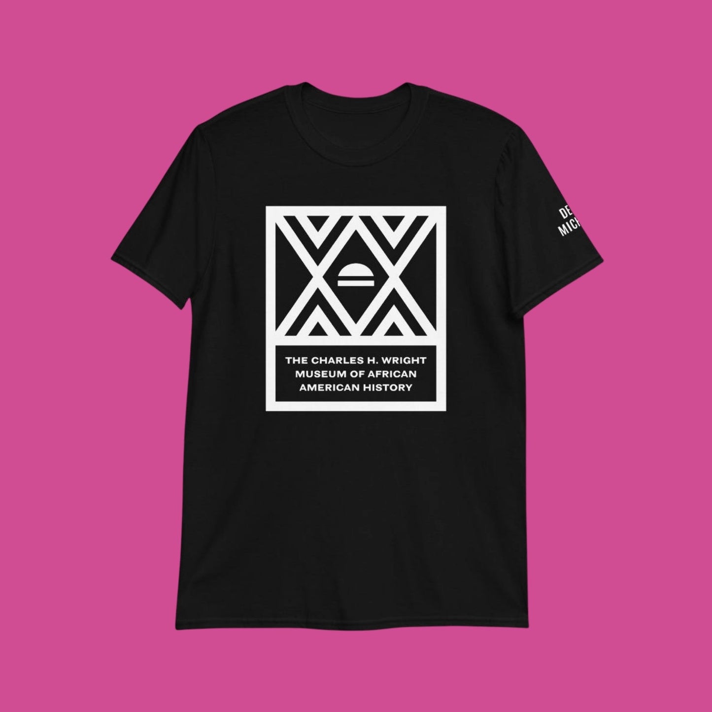 The logo of the Charles H. Wright Museum emblazoned , in white, on the front of a black, cotton t-shirt.