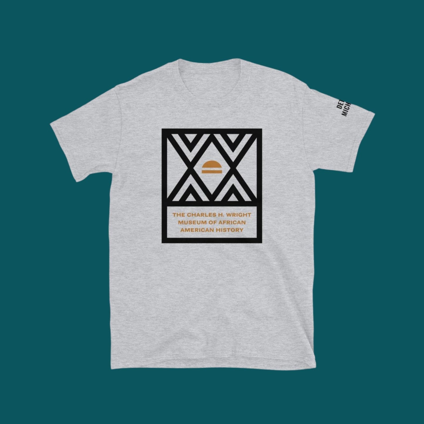 The logo of the Charles H. Wright Museum emblazoned , in black, on the front of a light gray, cotton t-shirt.