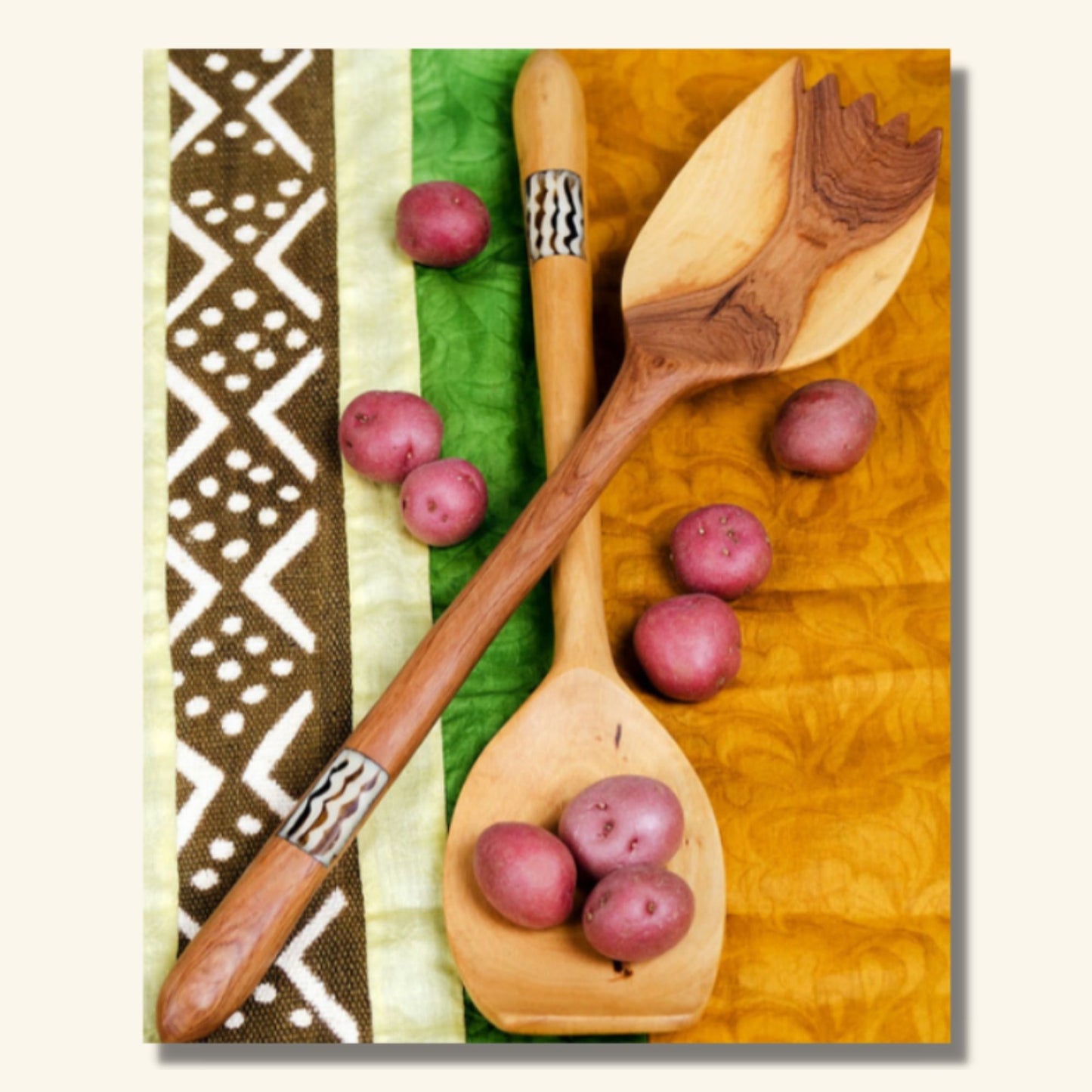 Kenyan Olive Wood Fifi Salad Servers with Bone Inlay