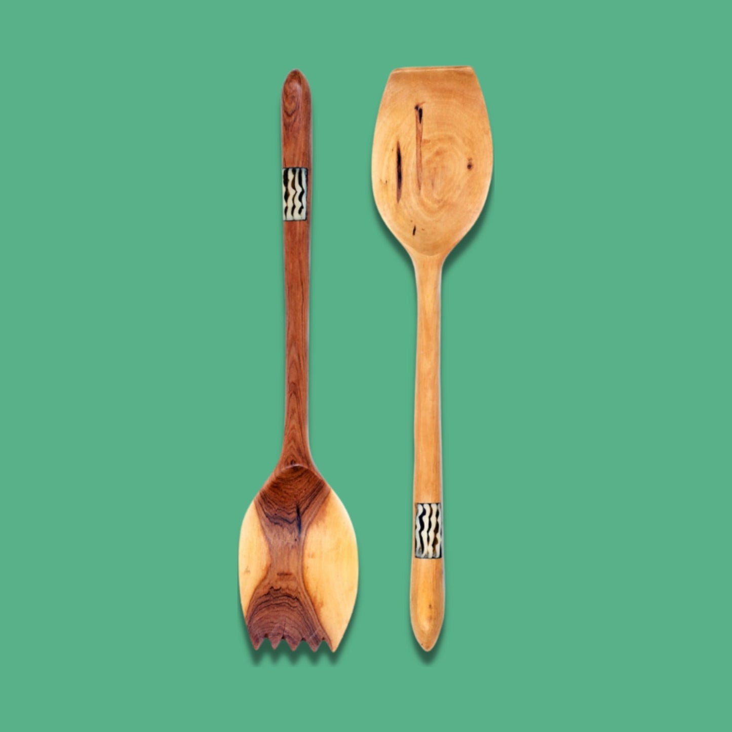 Kenyan Olive Wood Fifi Salad Servers with Bone Inlay