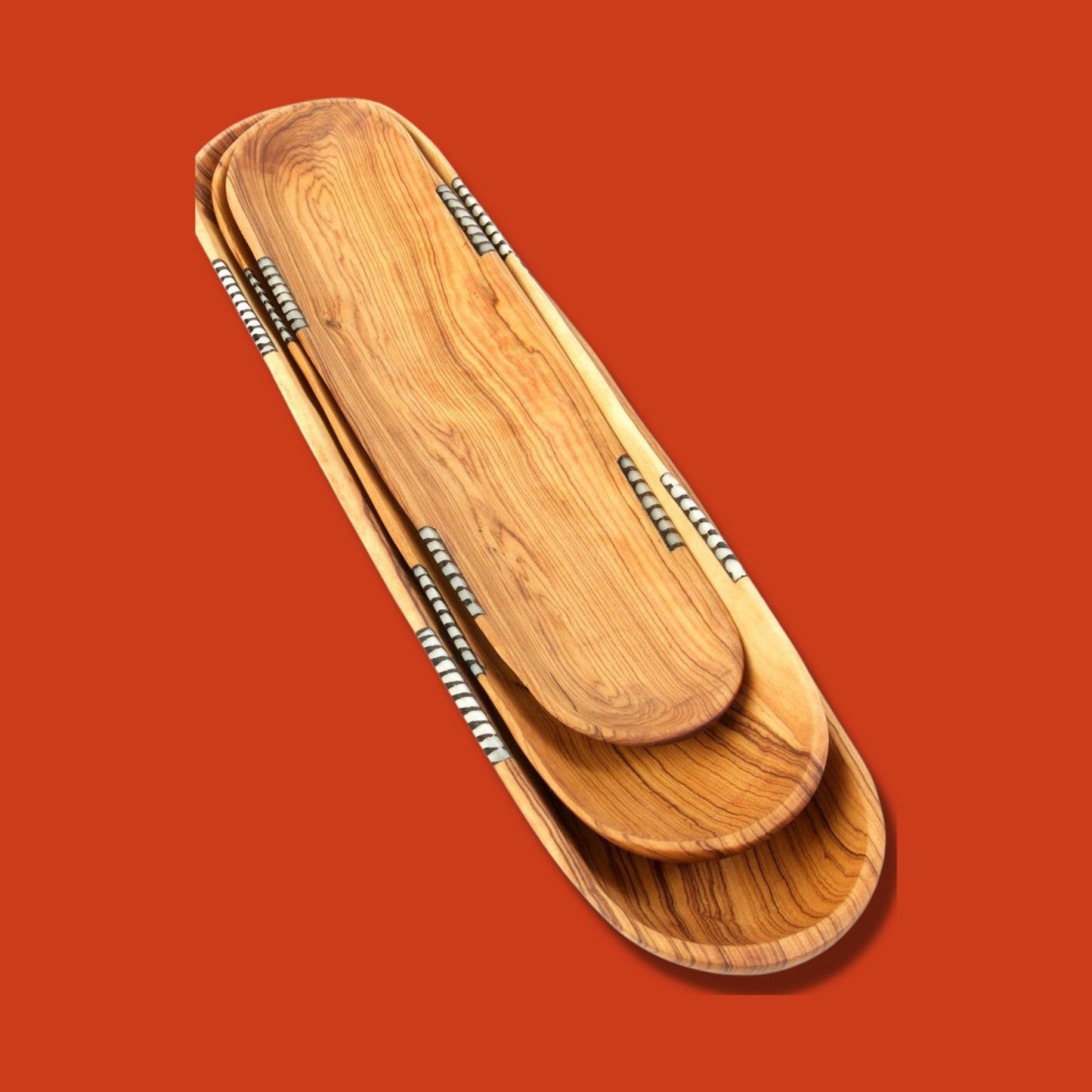 Wild Olive Wood Baguette Trays with Bone Inlay - Set of 3