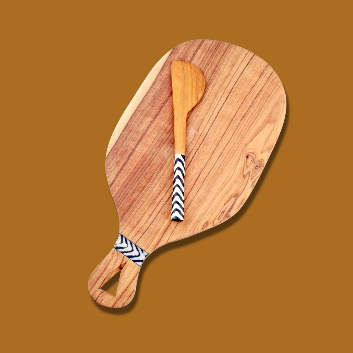 Wild Olive Wood Cheese Board with Batik Bone Handle