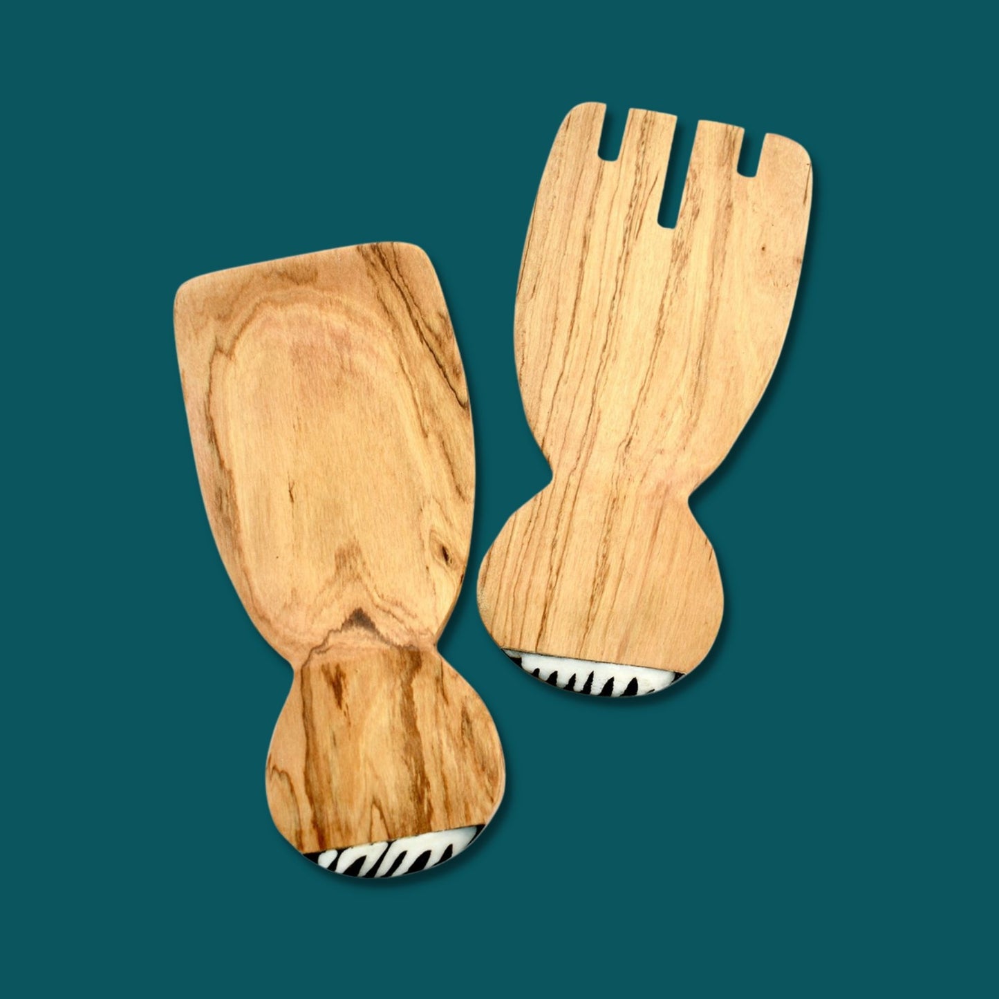 Kenyan Olive Wood Paddle Salad Servers with Bone