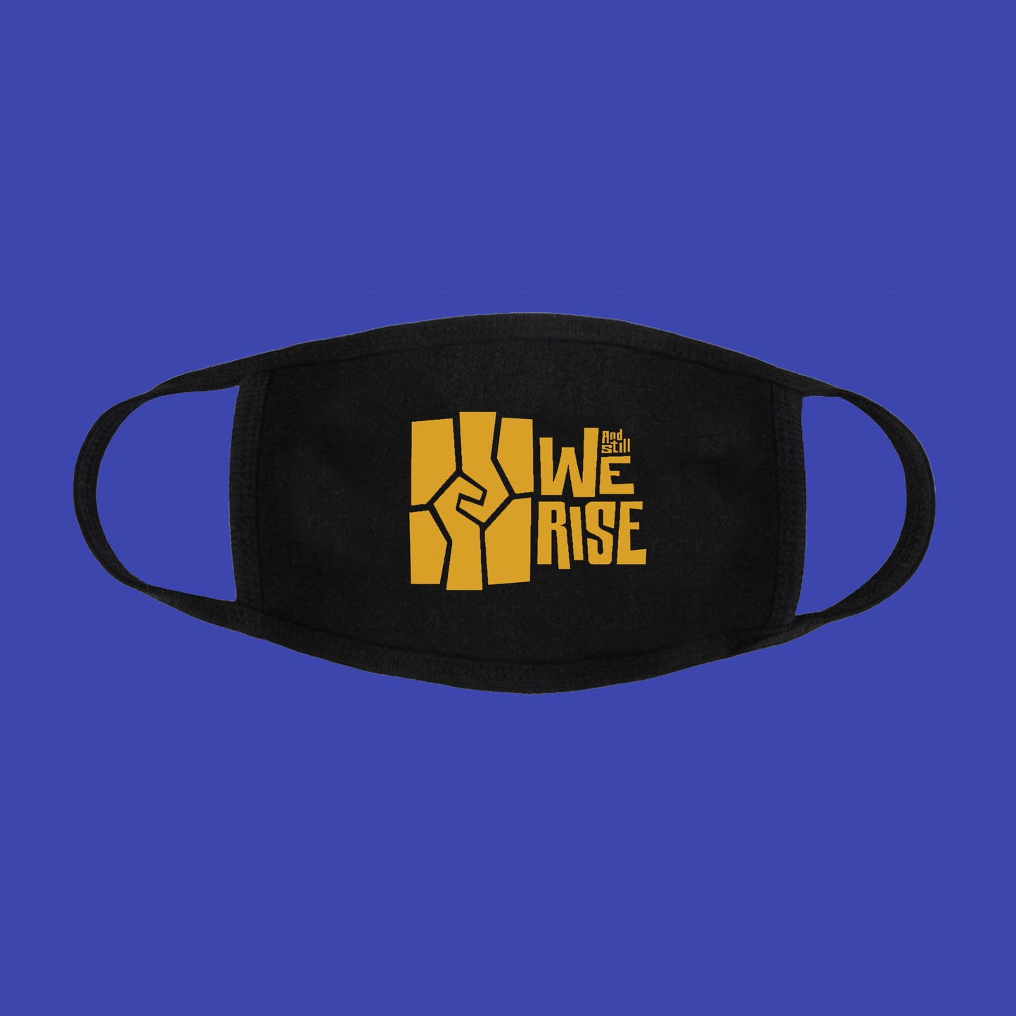 black cotton face mask with the And Still We Rise exhibition logo in gold