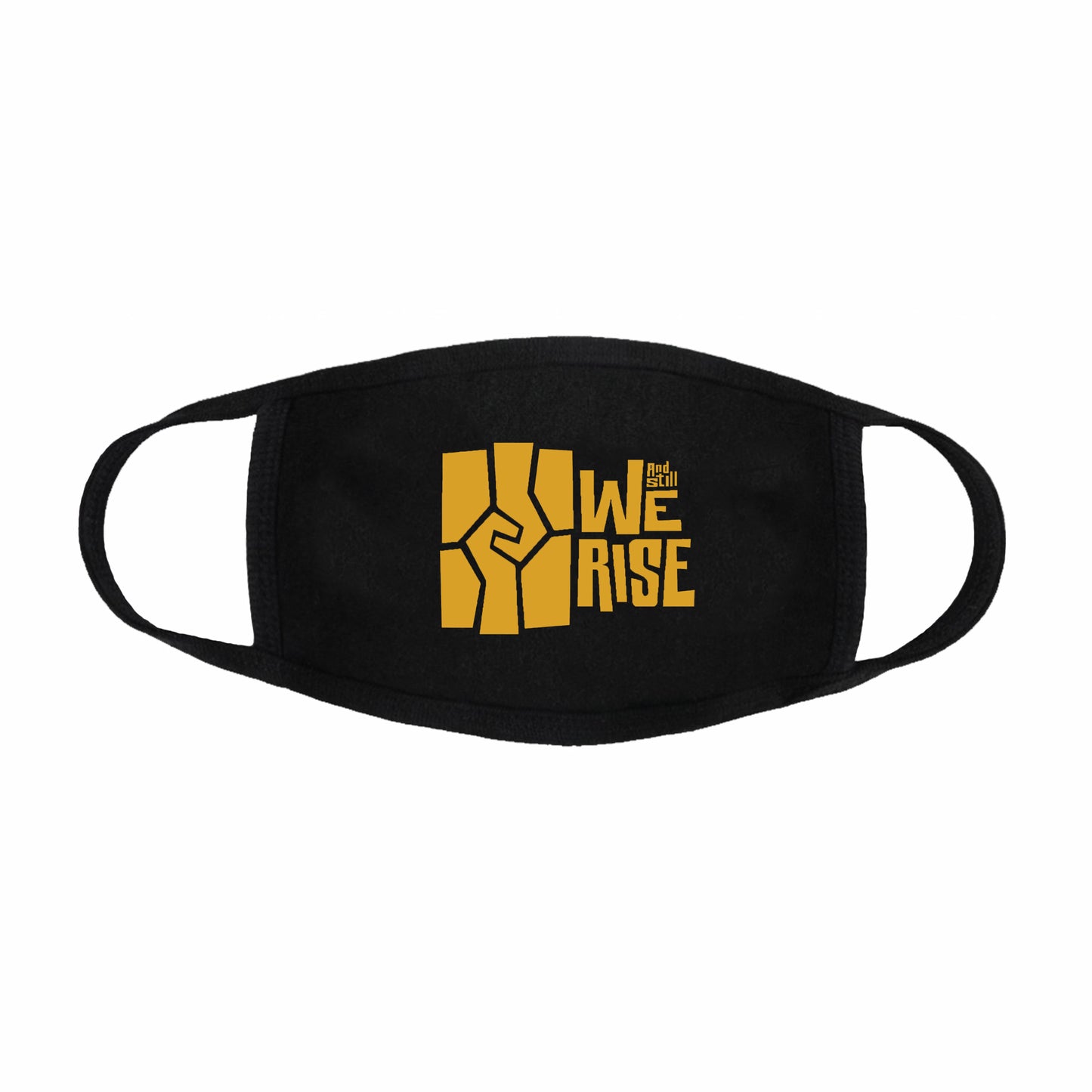 black cotton face mask with the And Still We Rise exhibition logo in gold