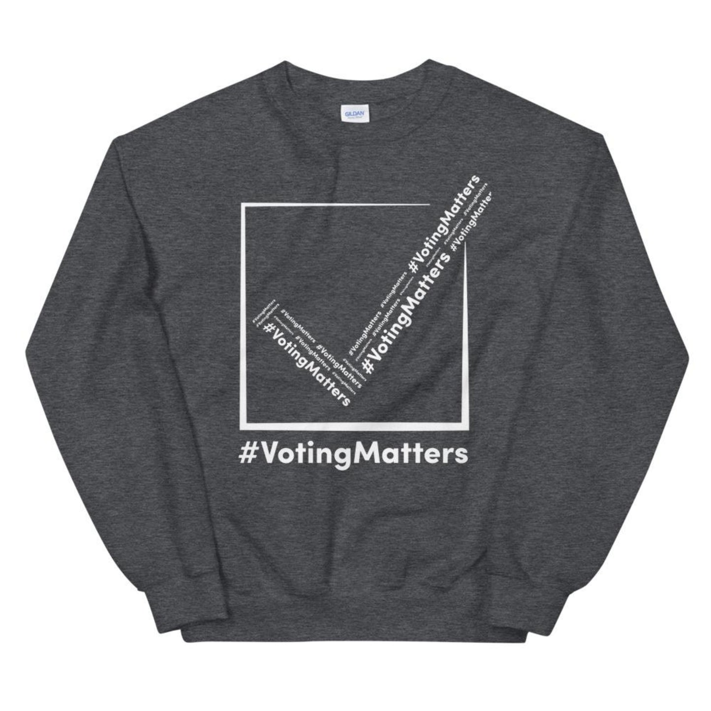 dark grey sweatshirt with hashtag voting matters logo on it with white lettering
