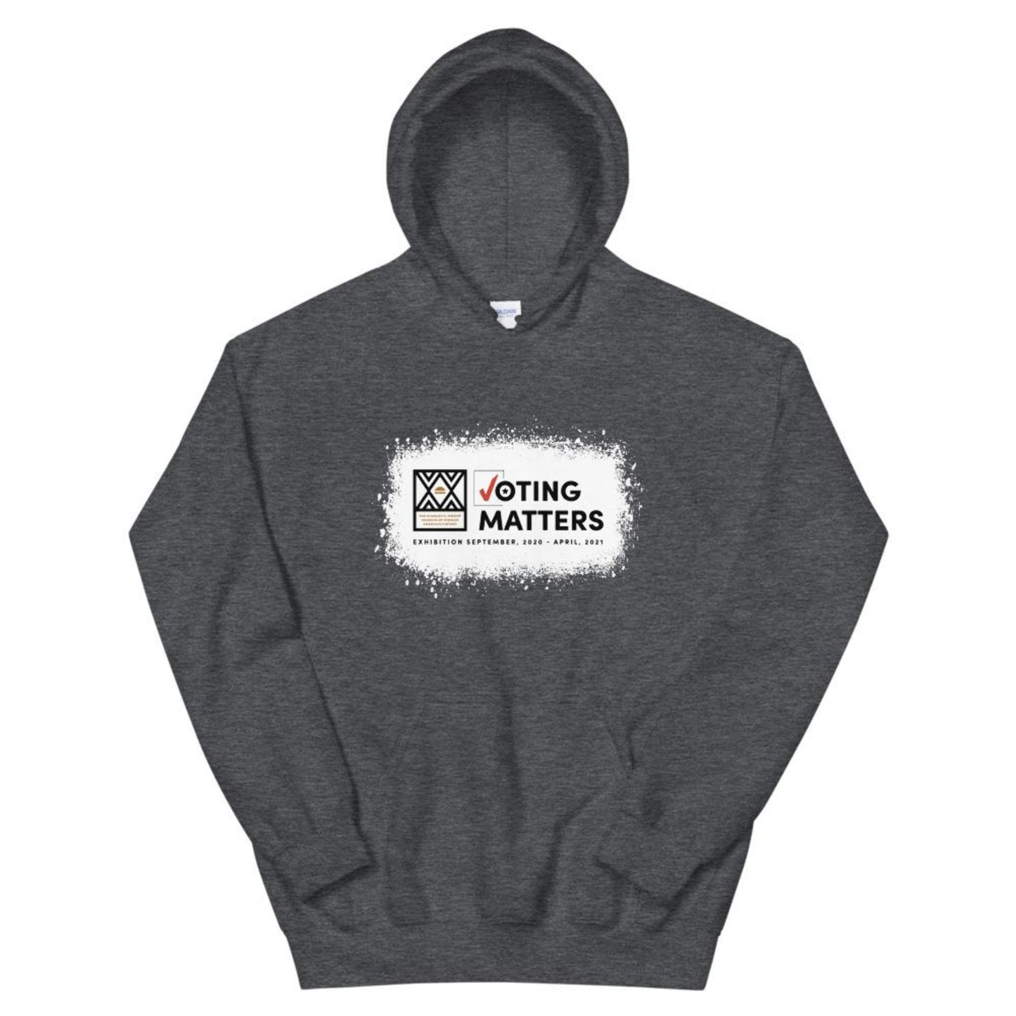 heather grey hoodie with Wright Museum's Voting Matters exhibition logo on the front