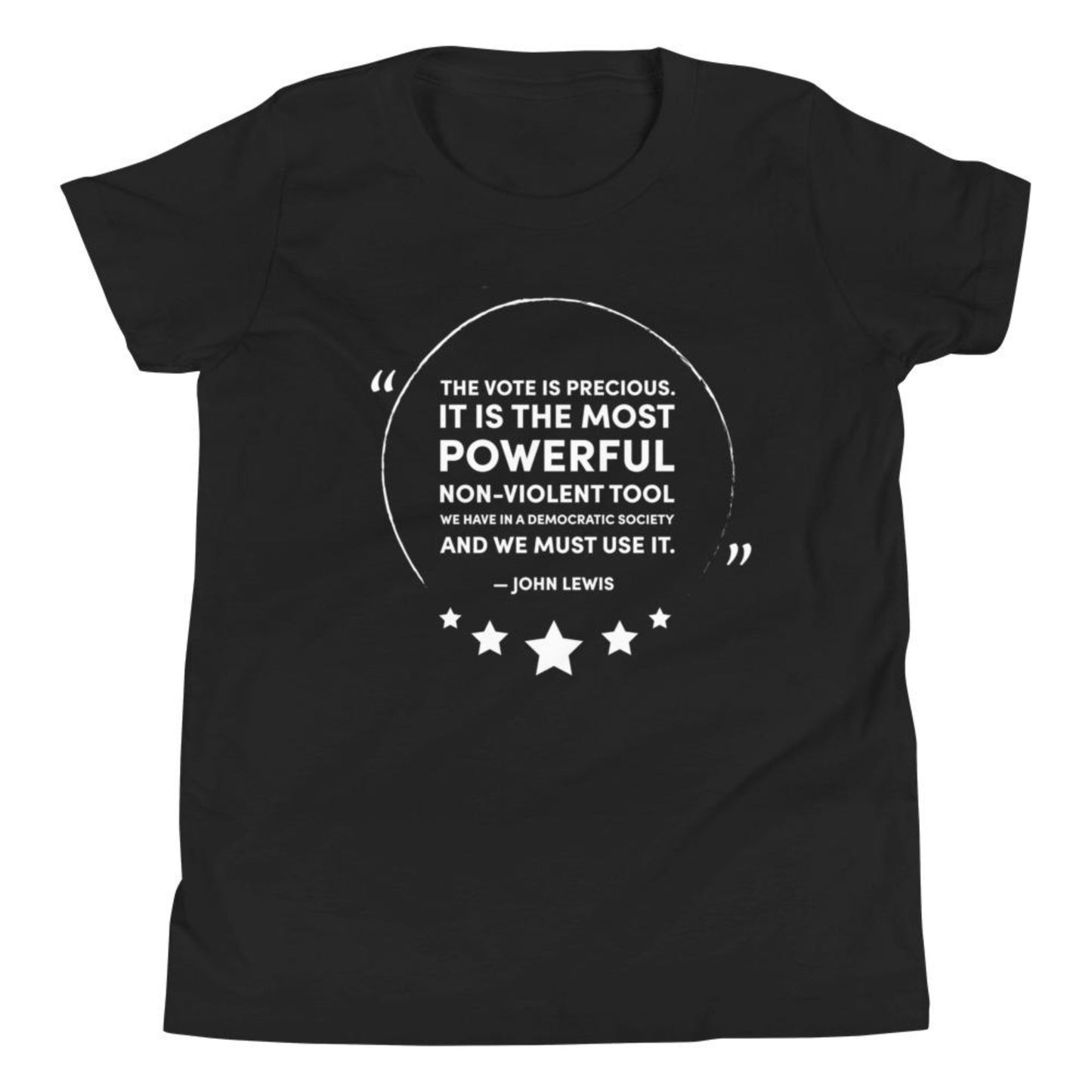 children's black t-shirt with quote from John Lewis, The vote is precious. It is the most powerful non-violent tool we have in a democratic society and we must use it.