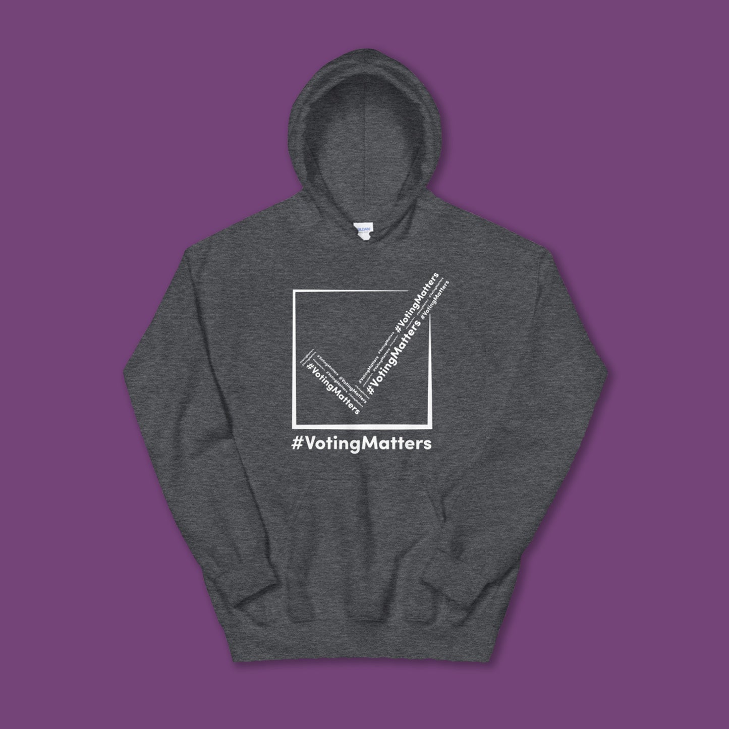 heather grey hoodie with hashtag voting matters white checkmark logo