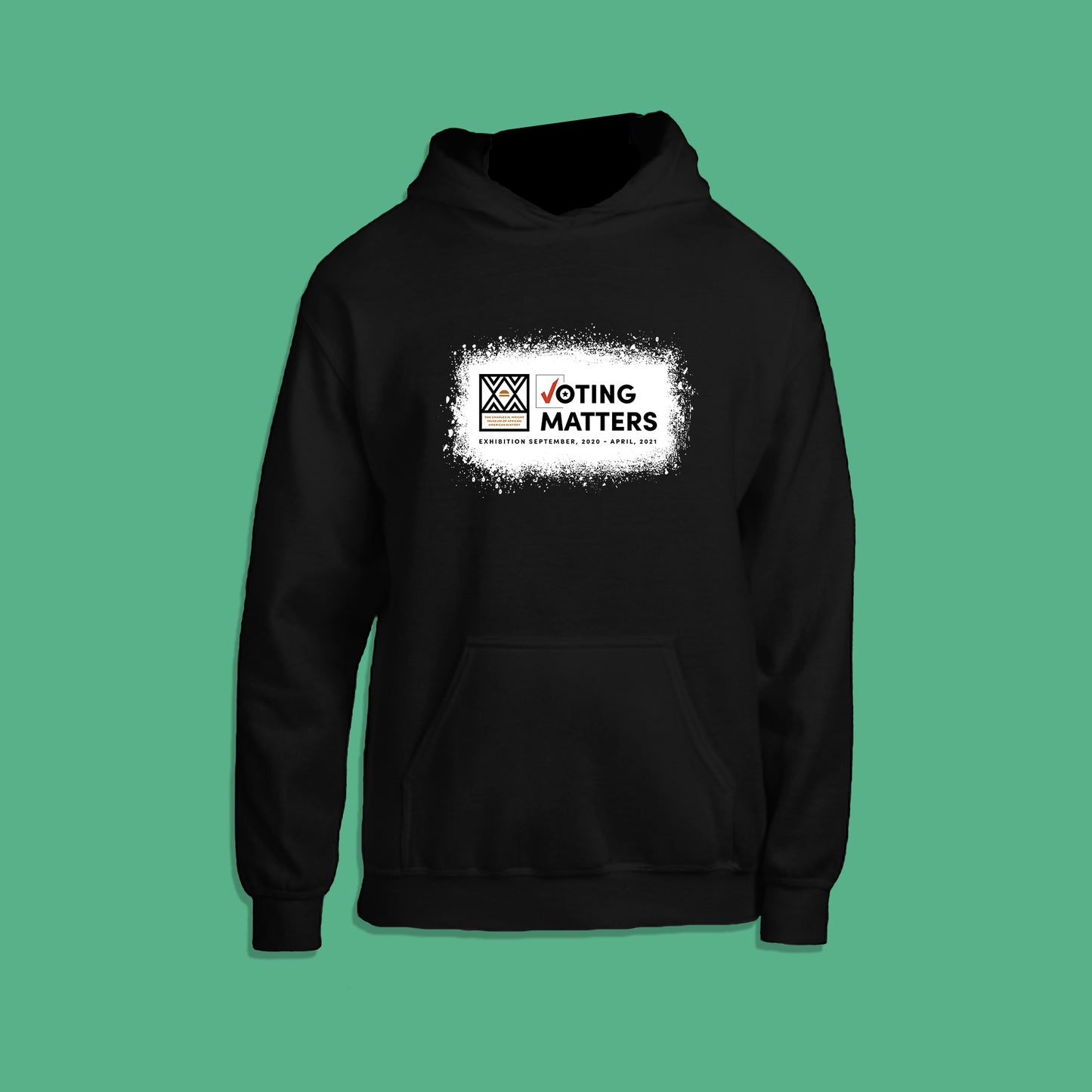 black hoodie with Wright Museum's Voting Matters exhibition logo on the front