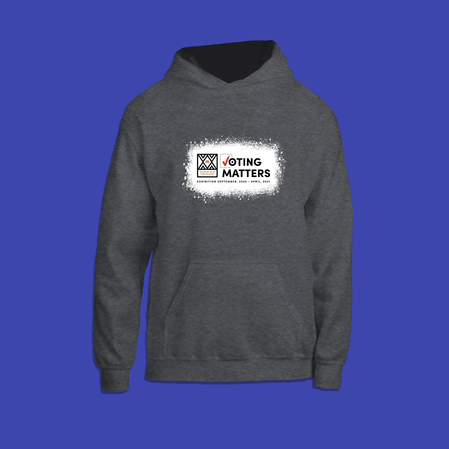 heather grey hoodie with Wright Museum's Voting Matters exhibition logo on the front