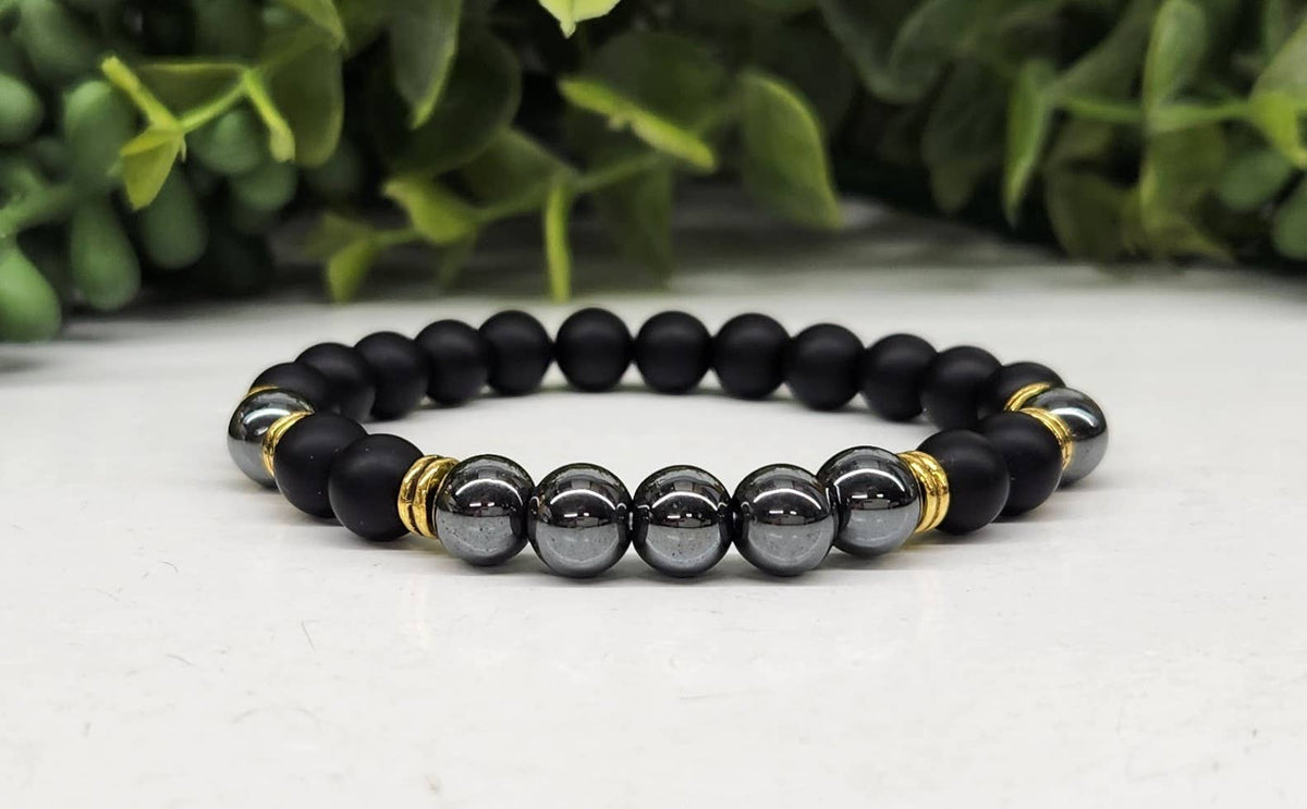 Meraki Gemstones - GROUNDING/BALANCE - Black Obsidian-Matte/Hematite Bracelet: OPTION #2: Bracelets with Informational Cards