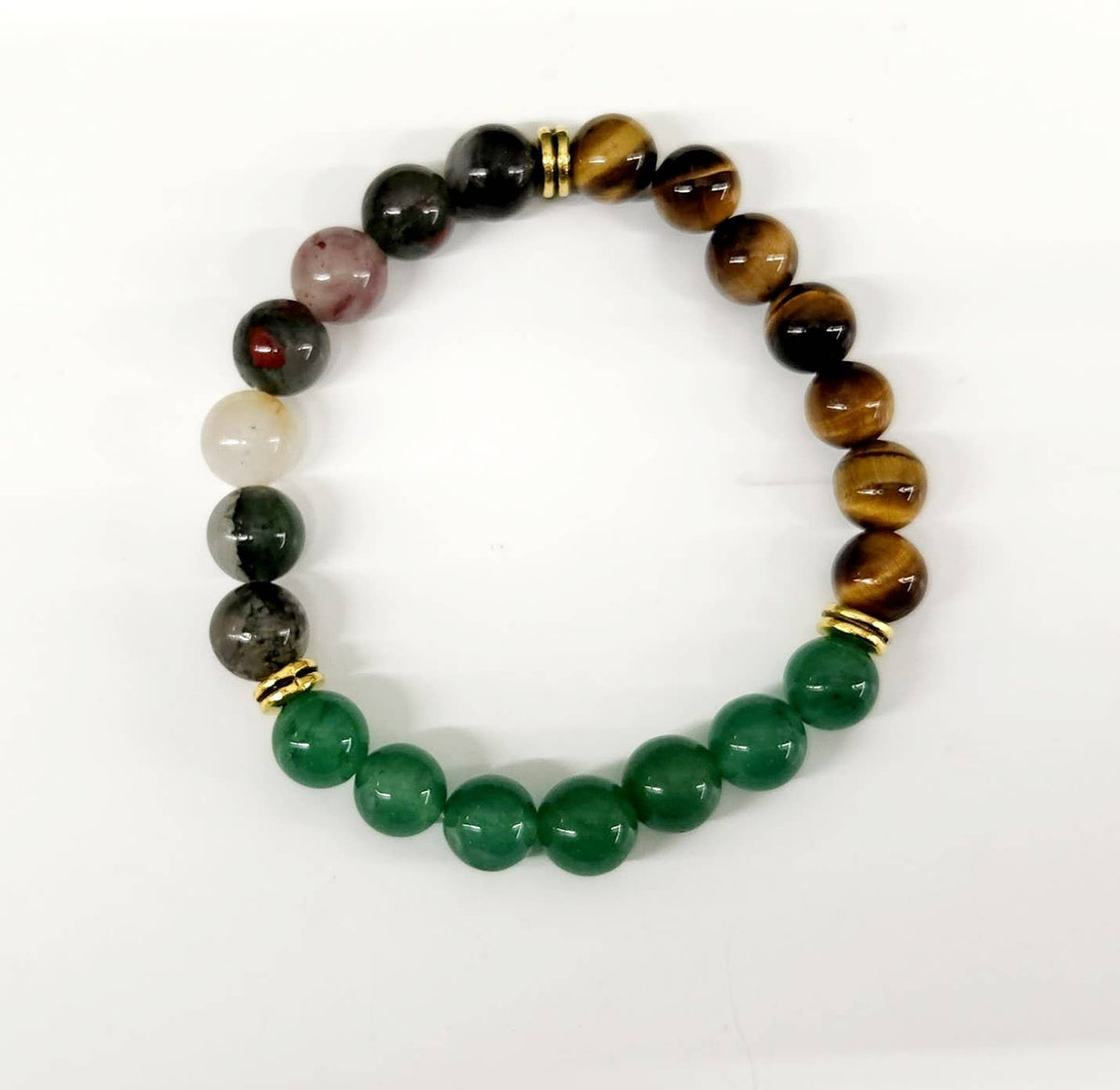Meraki Gemstones - ABUNDANCE - Green Jade/Tiger Eye/Bloodstone Bracelet 8mm: OPTION #2: Bracelets with Informational Cards