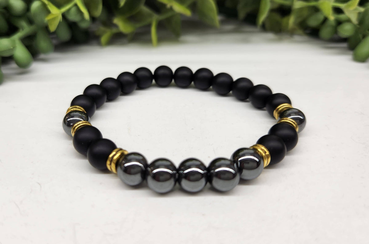 Meraki Gemstones - GROUNDING/BALANCE - Black Obsidian-Matte/Hematite Bracelet: OPTION #2: Bracelets with Informational Cards