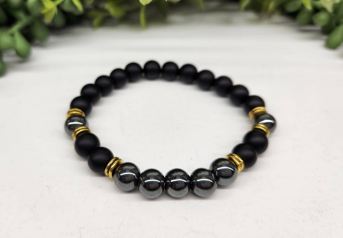 Meraki Gemstones - GROUNDING/BALANCE - Black Obsidian-Matte/Hematite Bracelet: OPTION #2: Bracelets with Informational Cards