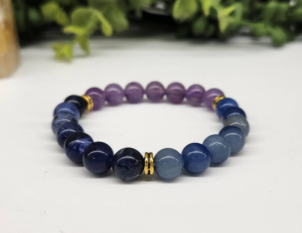 ANXIETY RELIEF-Blue Aventurine/Sodalite/Amethyst Bracelet8mm: OPTION #2: Bracelets with Informational Cards