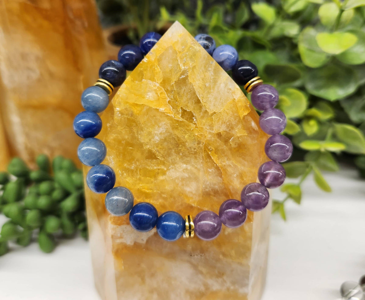 ANXIETY RELIEF-Blue Aventurine/Sodalite/Amethyst Bracelet8mm: OPTION #2: Bracelets with Informational Cards