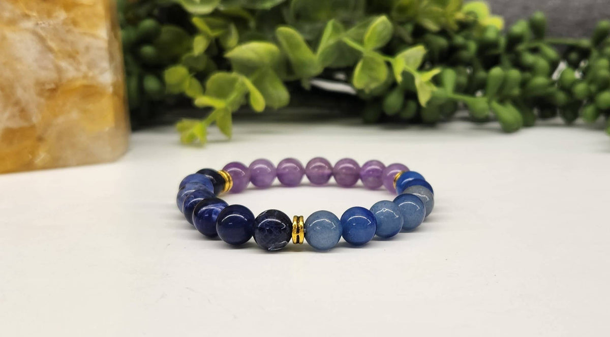 ANXIETY RELIEF-Blue Aventurine/Sodalite/Amethyst Bracelet8mm: OPTION #2: Bracelets with Informational Cards