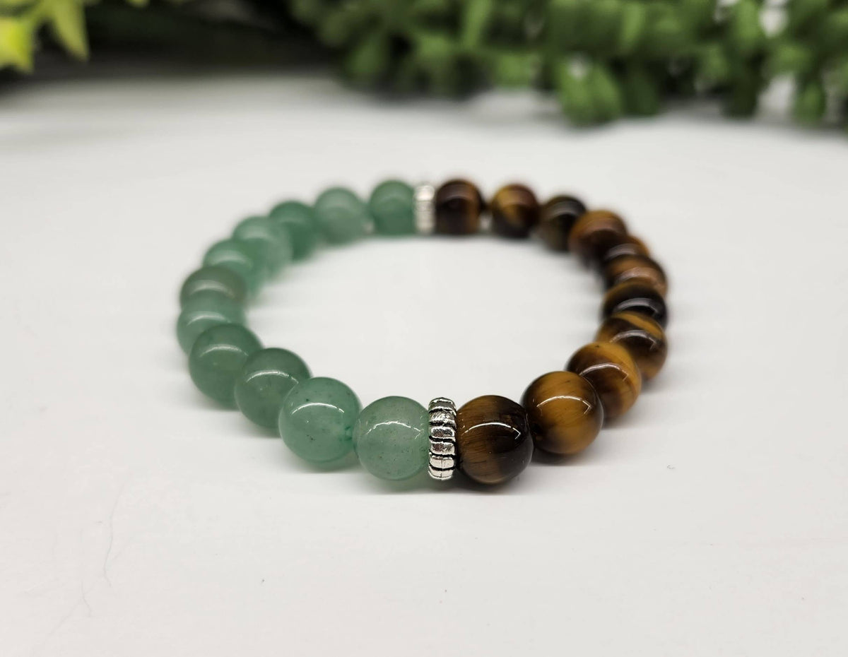 Meraki Gemstones - WEALTH:  Green Aventurine & Tiger Eye Bracelet 8mm Beads: OPTION #2: Bracelets with Informational Cards