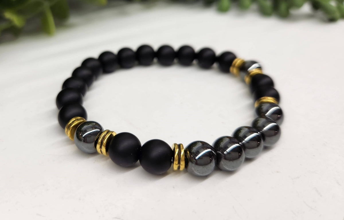 Meraki Gemstones - GROUNDING/BALANCE - Black Obsidian-Matte/Hematite Bracelet: OPTION #2: Bracelets with Informational Cards