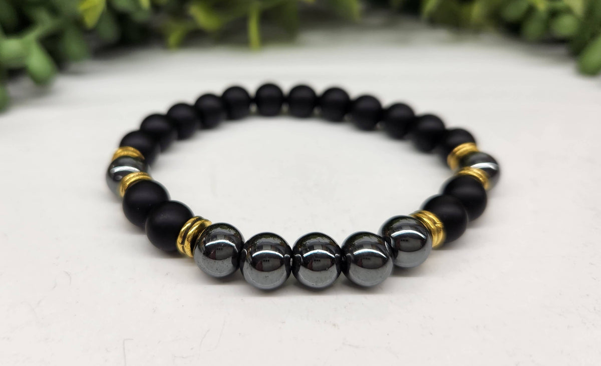 Meraki Gemstones - GROUNDING/BALANCE - Black Obsidian-Matte/Hematite Bracelet: OPTION #2: Bracelets with Informational Cards