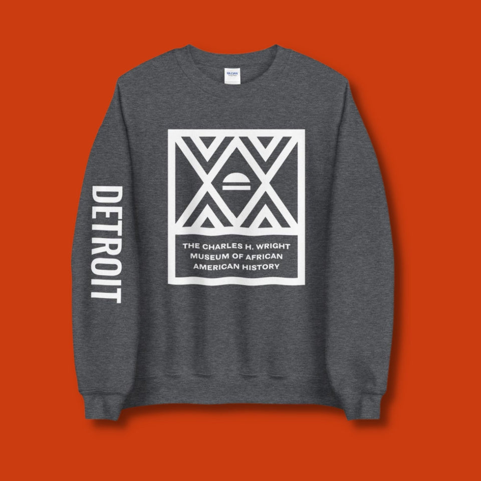 Dark heather gray sweatshirt with the Charles H. Wright Museum logo on the front and text with DETROIT in all caps on the right sleeve.
