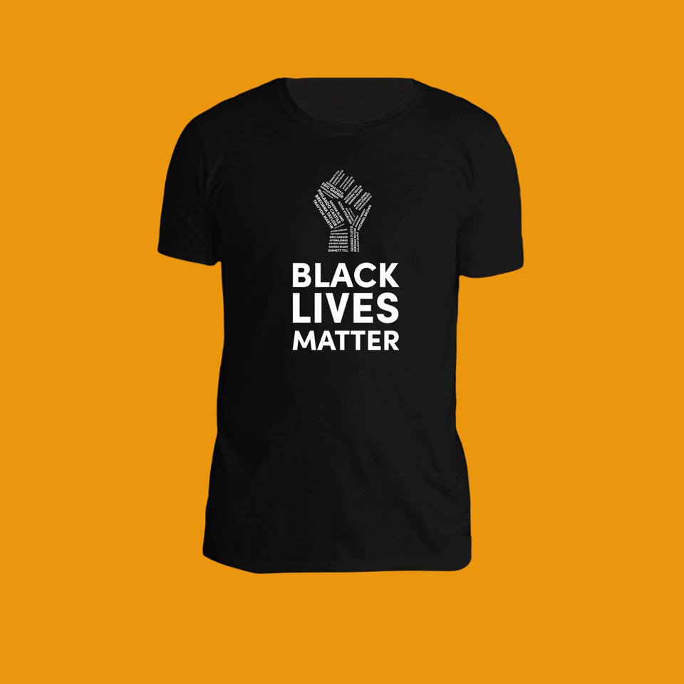 black cotton t-shirt with black lives matter and a fist printed in white on the front