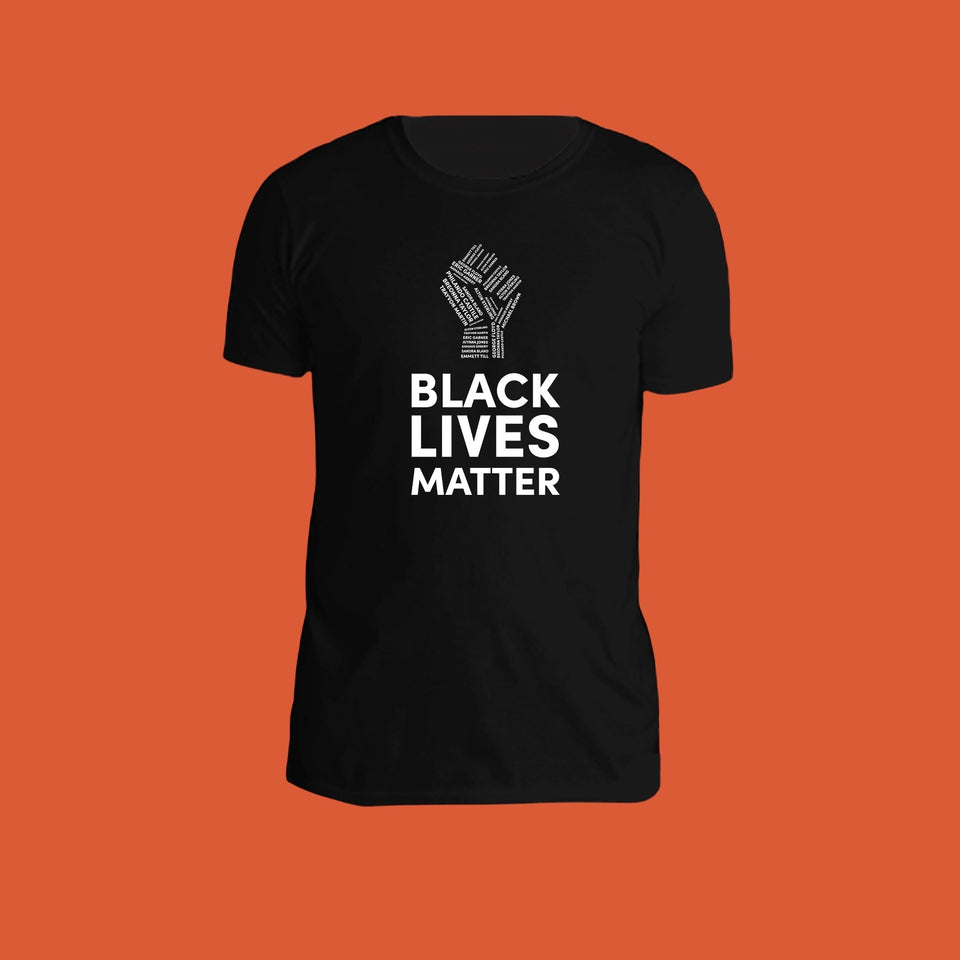 black cotton t-shirt with black lives matter and a fist printed in white on the front