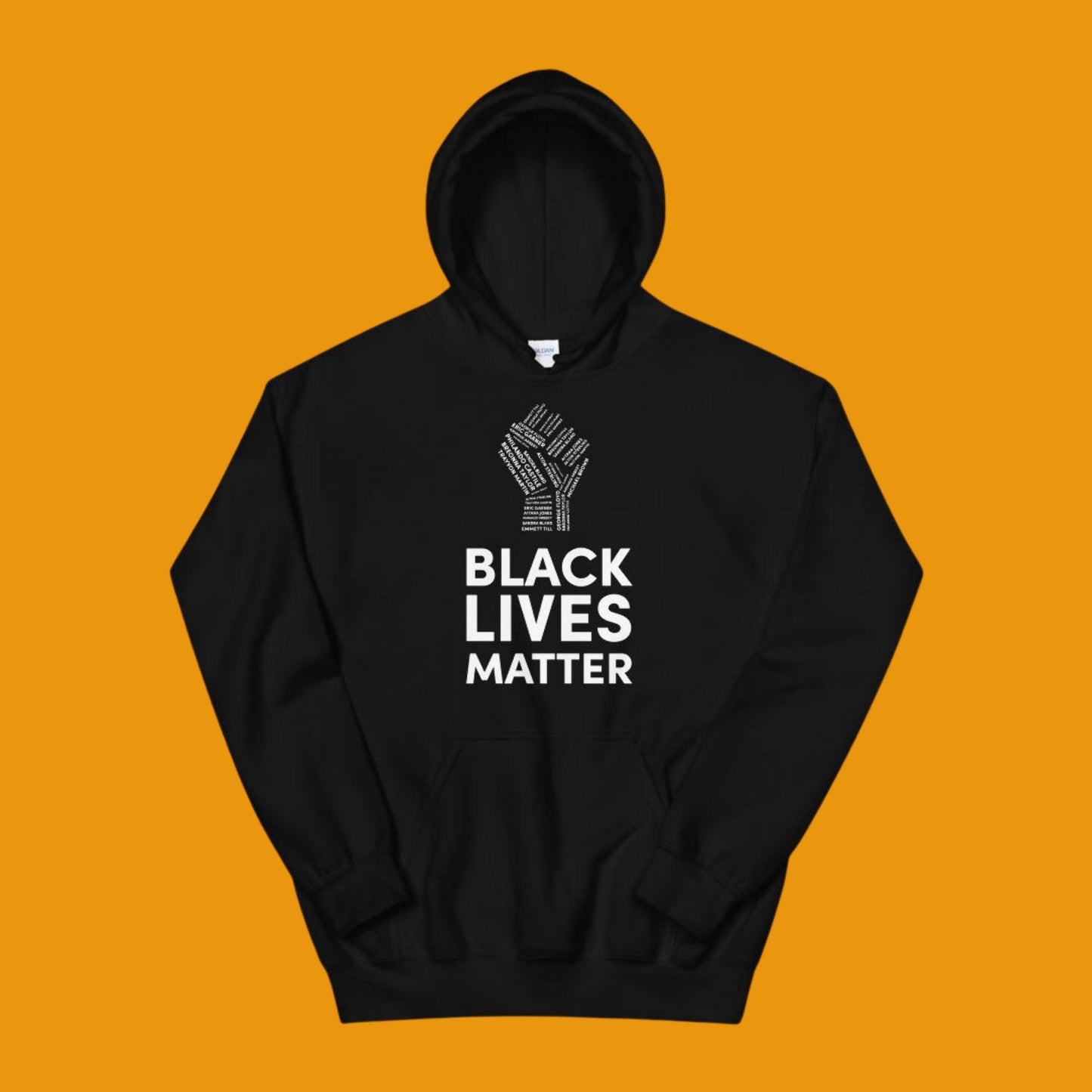 black hoodie with black lives matter in white with a white fist above