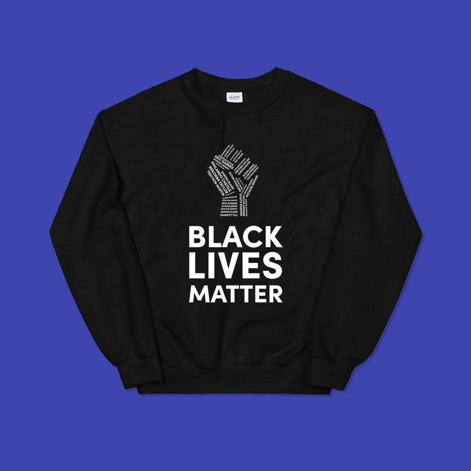 black sweatshirt with white black lives matter lettering, including image of a fist