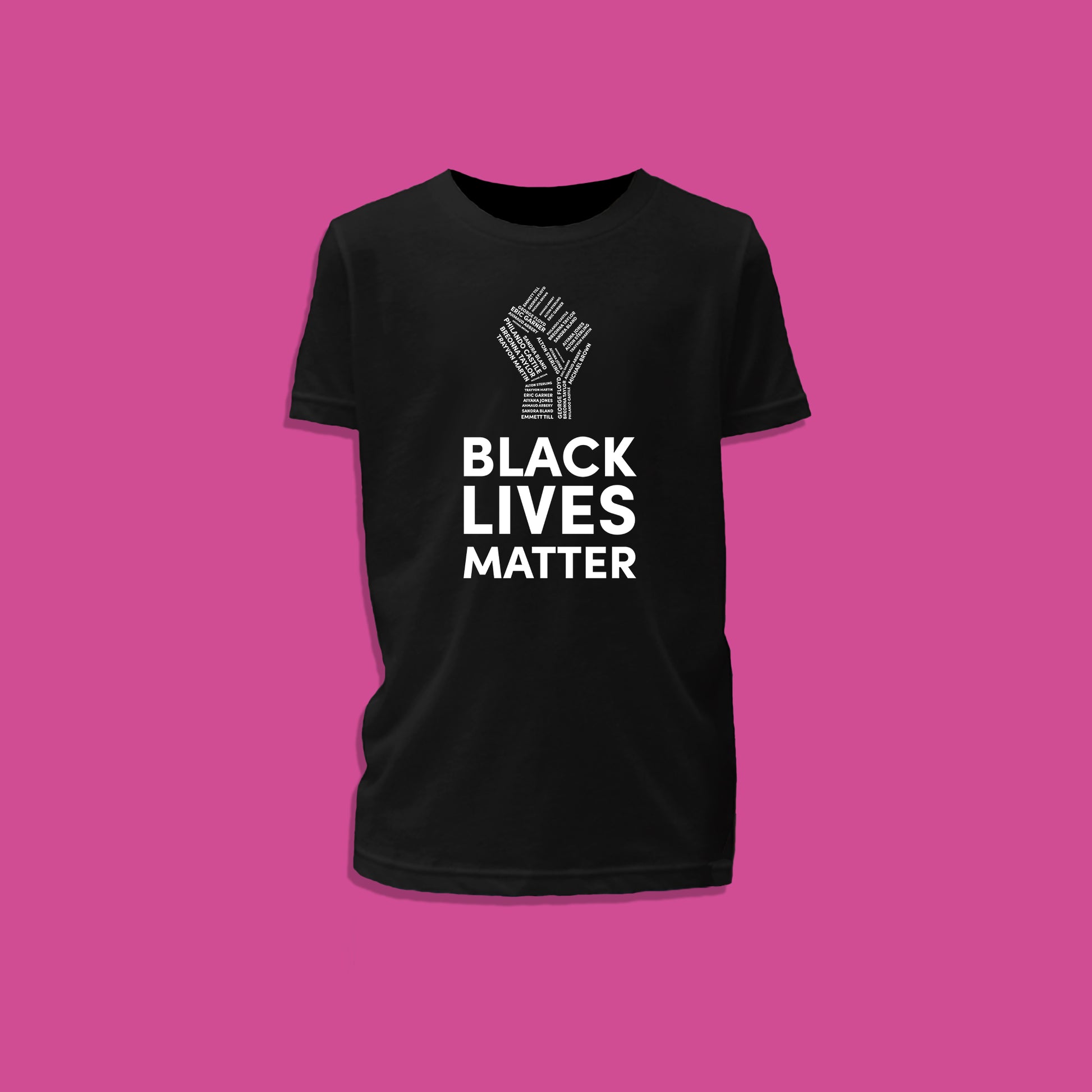 Kid's black cotton t-shirt with black lives matter and a fist printed in white on the front