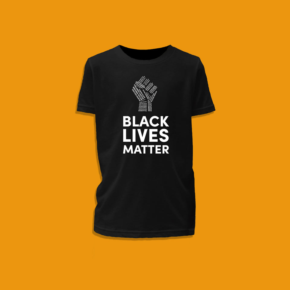 kid's black cotton t-shirt with black lives matter and a fist printed in white on the front