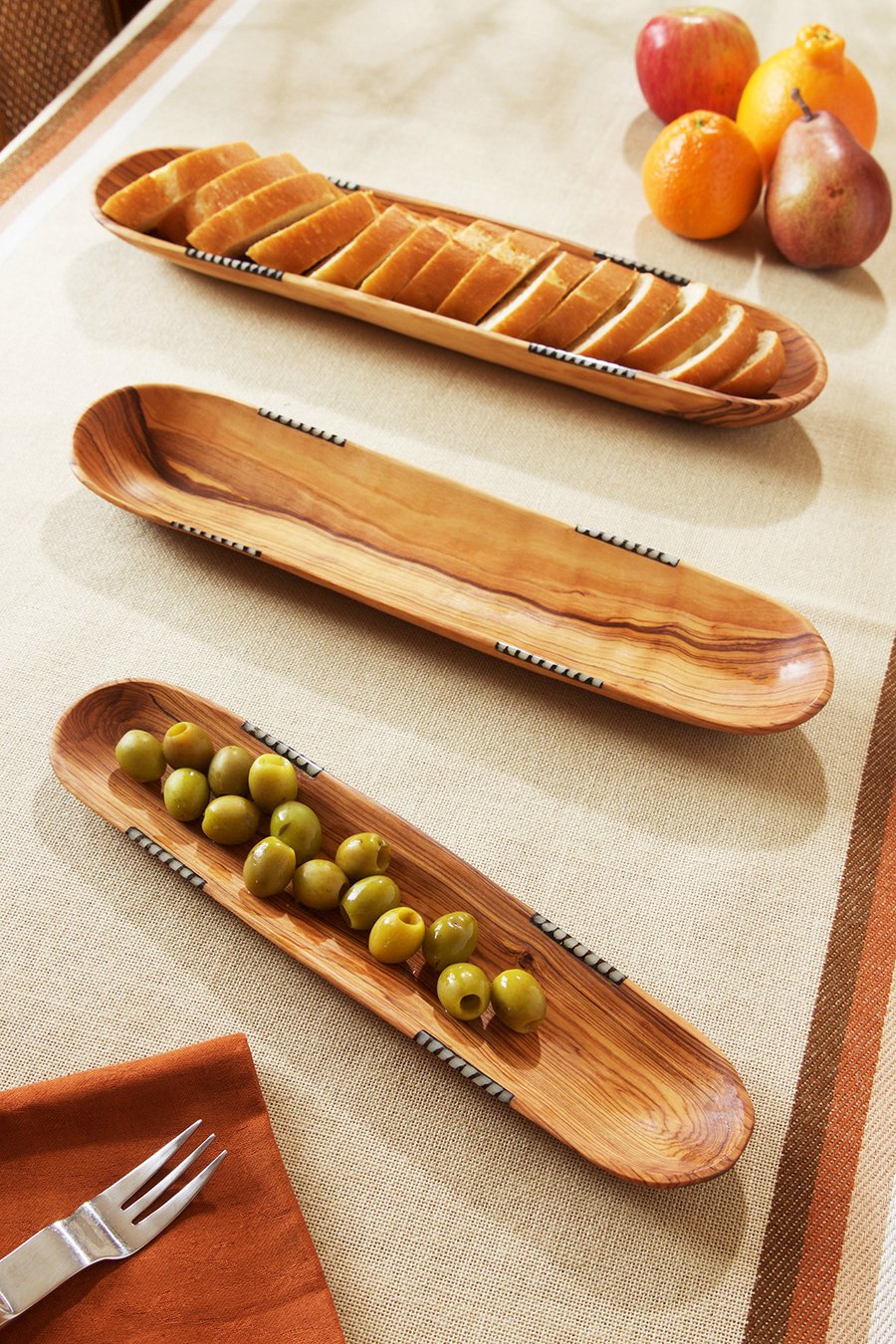 Wild Olive Wood Baguette Trays with Bone Inlay - Set of 3