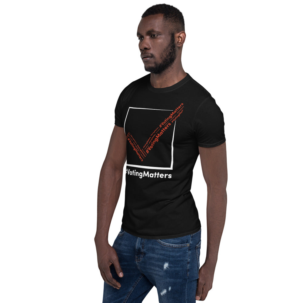 African American man wearing black cotton t-shirt with hashtag voting matters red, white checkmark logo