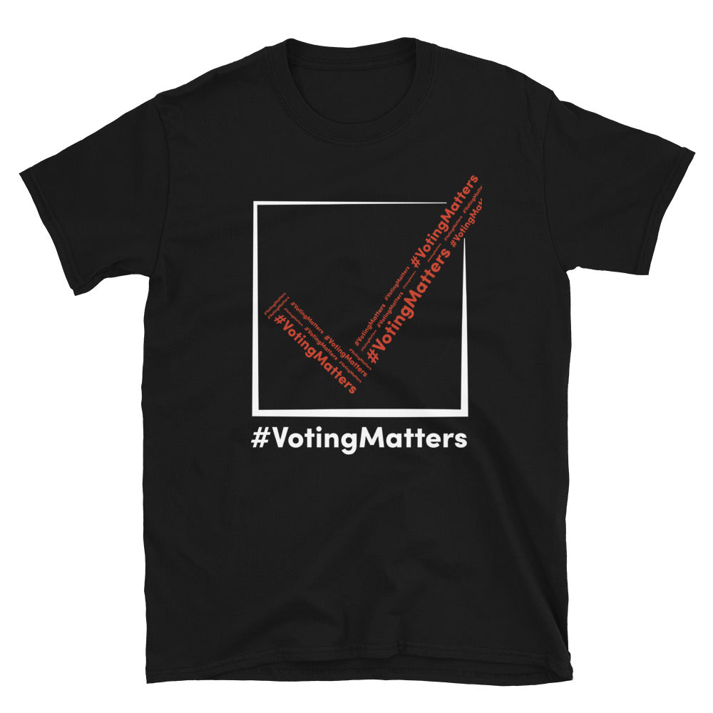 black cotton t-shirt with hashtag voting matters red and white checkmark logo