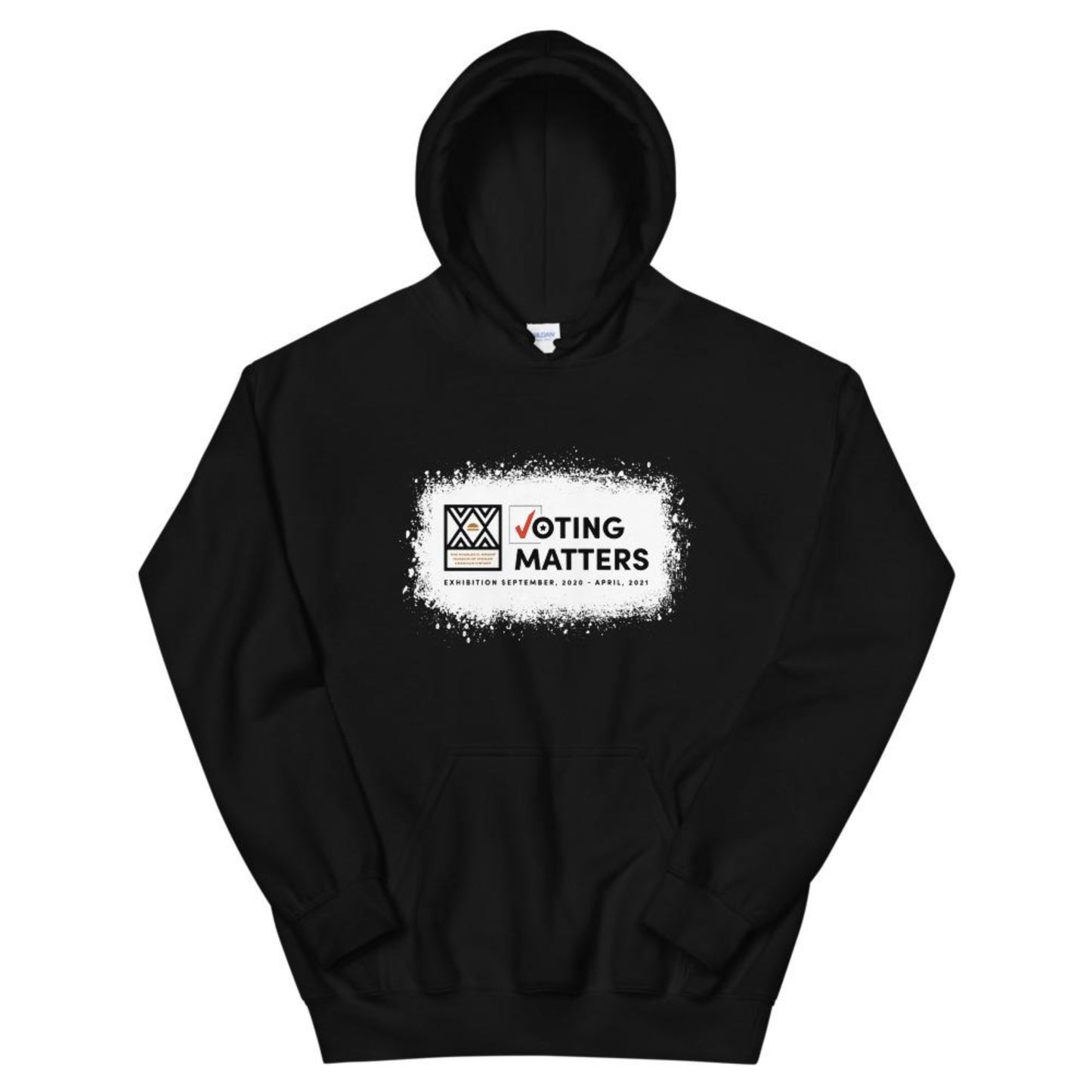black hoodie with Wright Museum's Voting Matters exhibition logo on the front