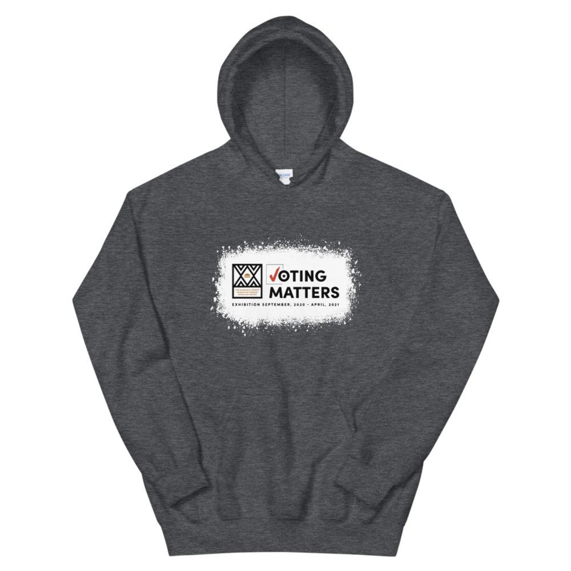 heather grey hoodie with Wright Museum's Voting Matters exhibition logo on the front
