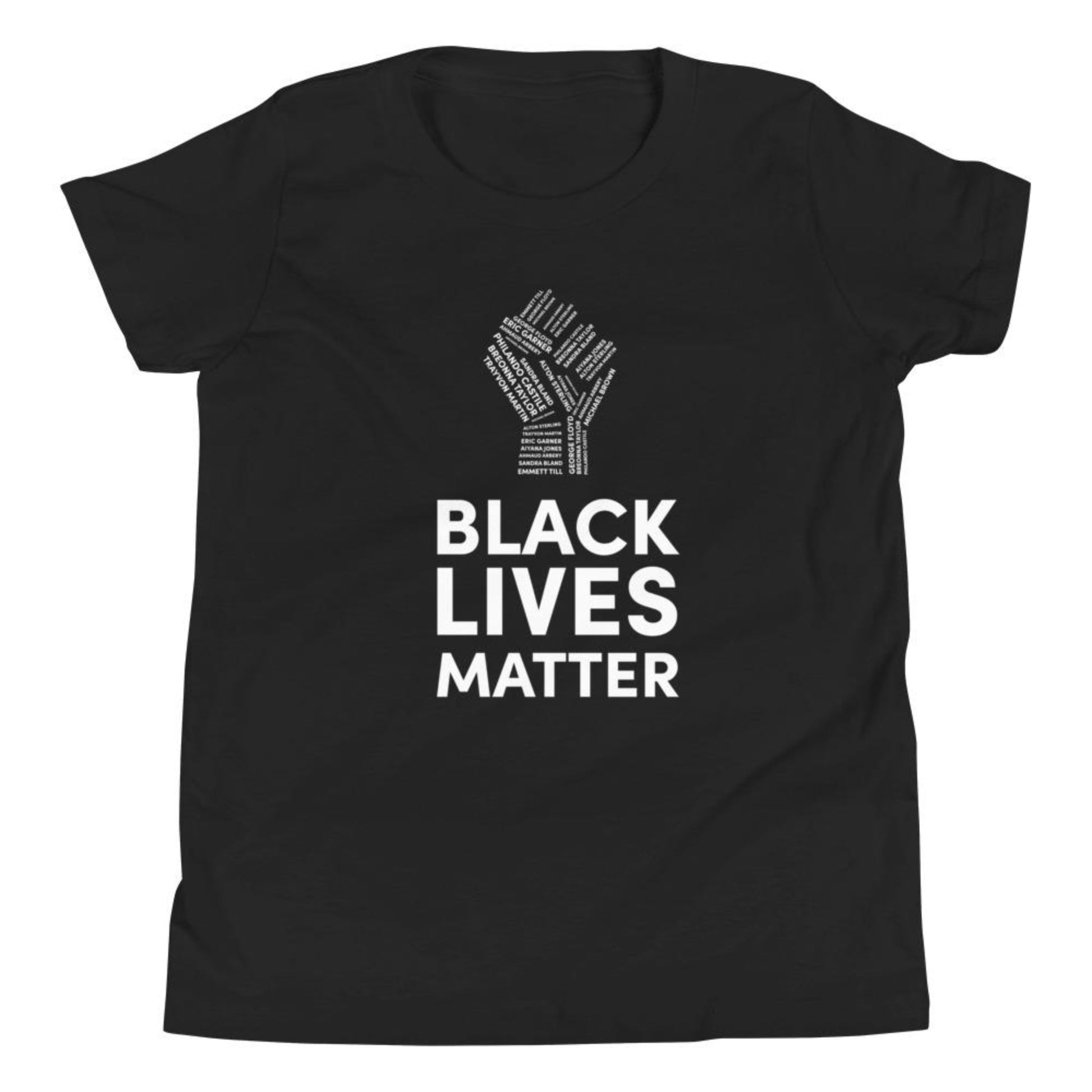 kid's black cotton t-shirt with black lives matter and a fist printed in white on the front