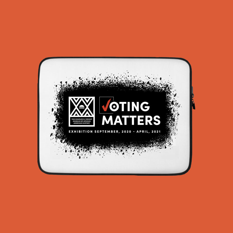 white computer laptop sleeve with Voting Matters exhibition logo