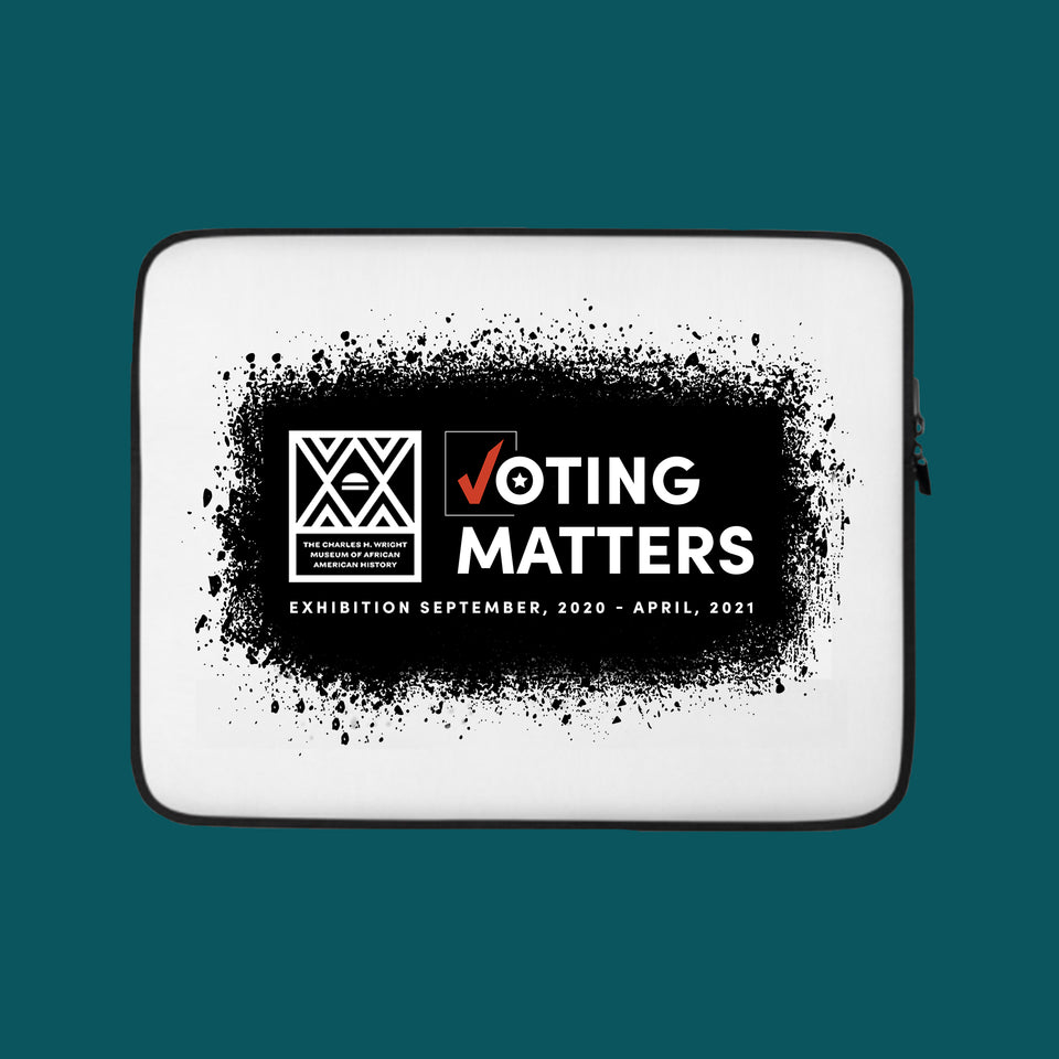 white computer laptop sleeve with Voting Matters exhibition logo
