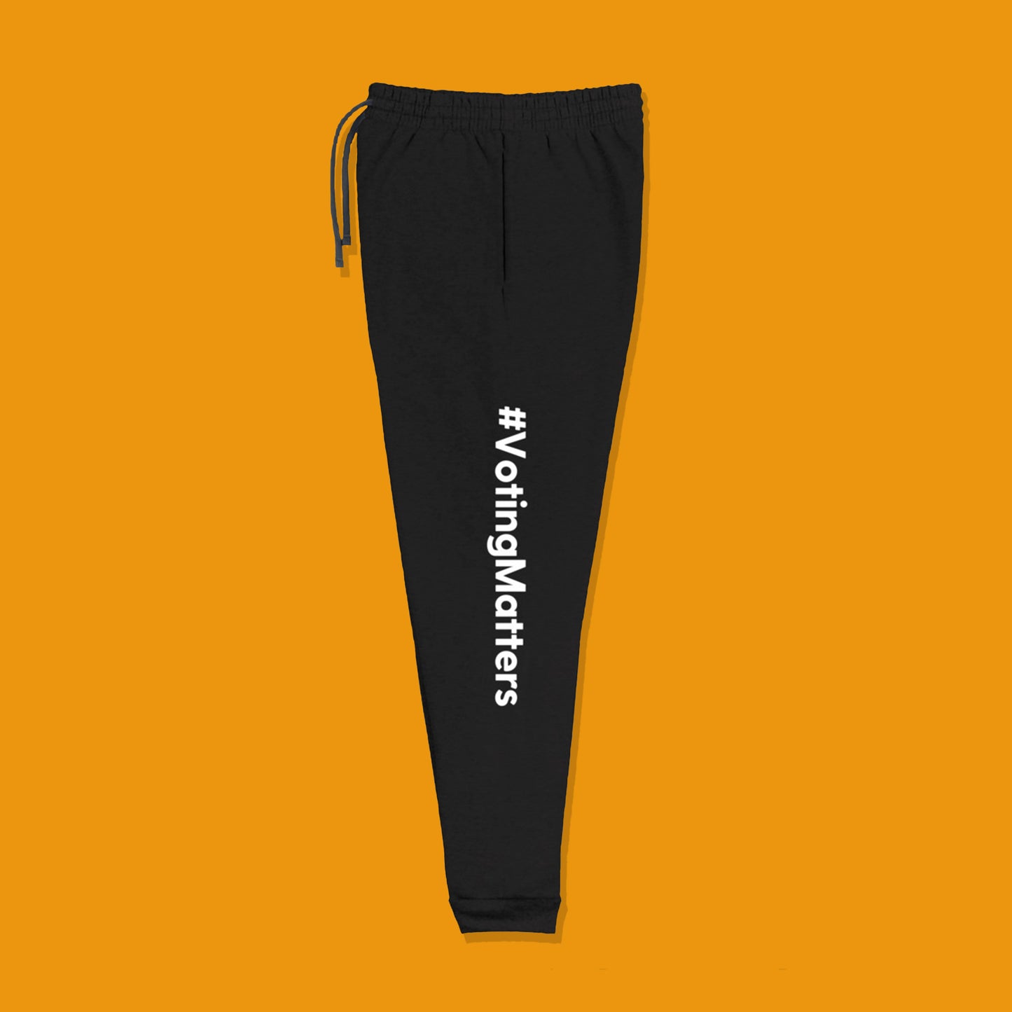black cotton sweatpants with hashtag voting matters printed lengthwise on the left leg of pants