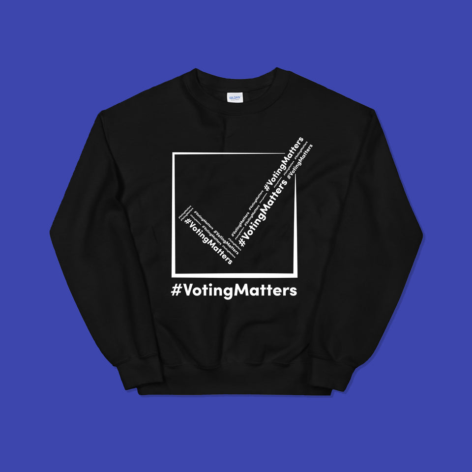 black sweatshirt with hashtag voting matters logo on it with white lettering