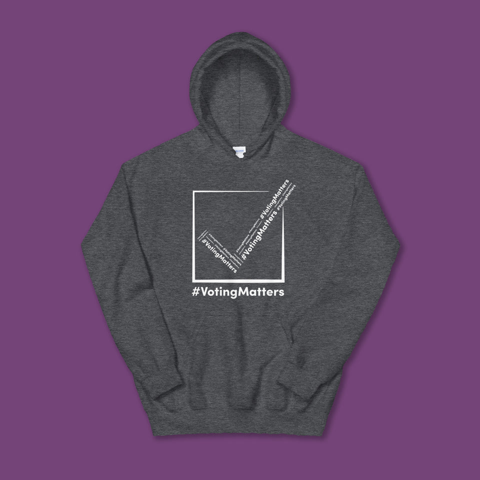 heather grey hoodie with hashtag voting matters white checkmark logo
