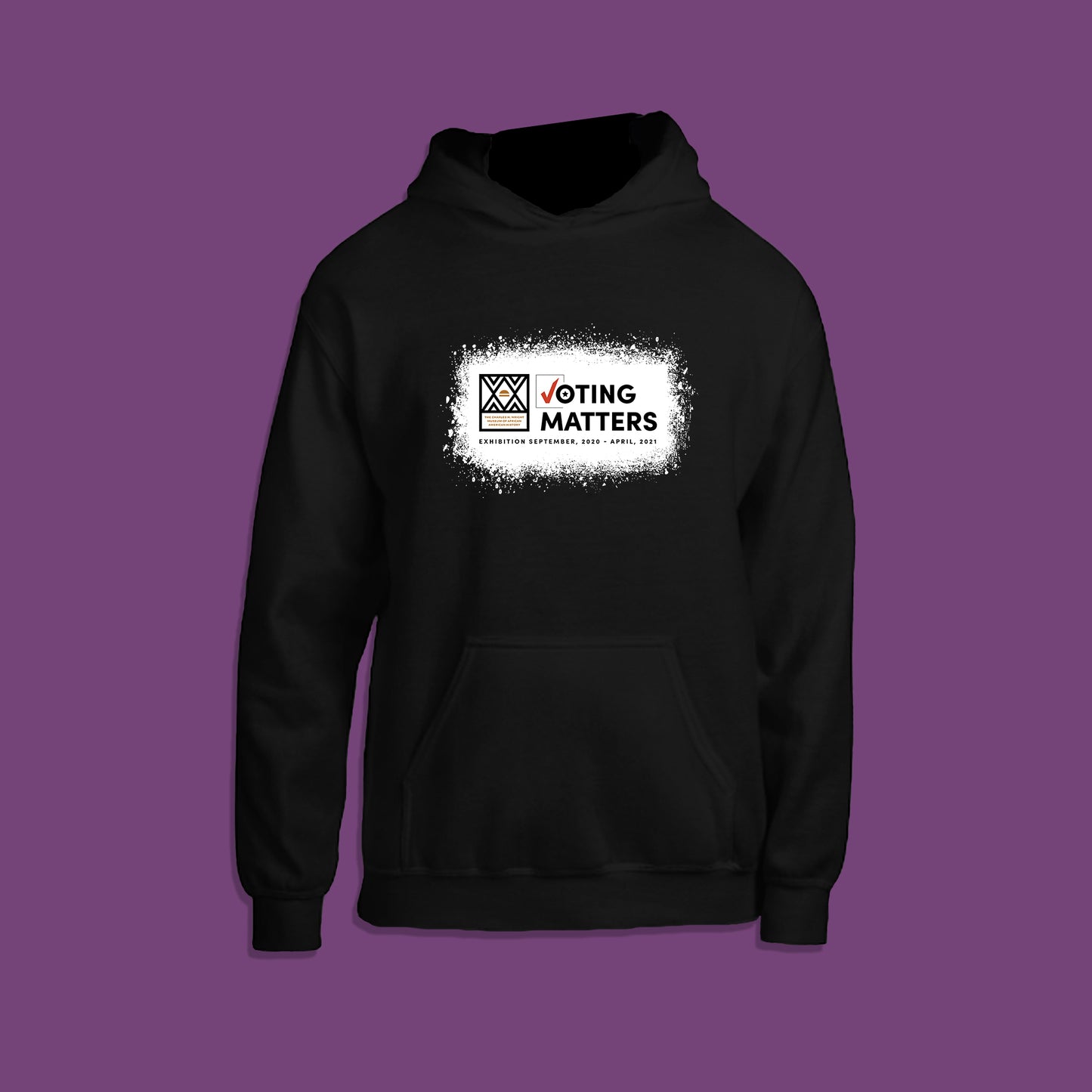 black hoodie with Wright Museum's Voting Matters exhibition logo on the front