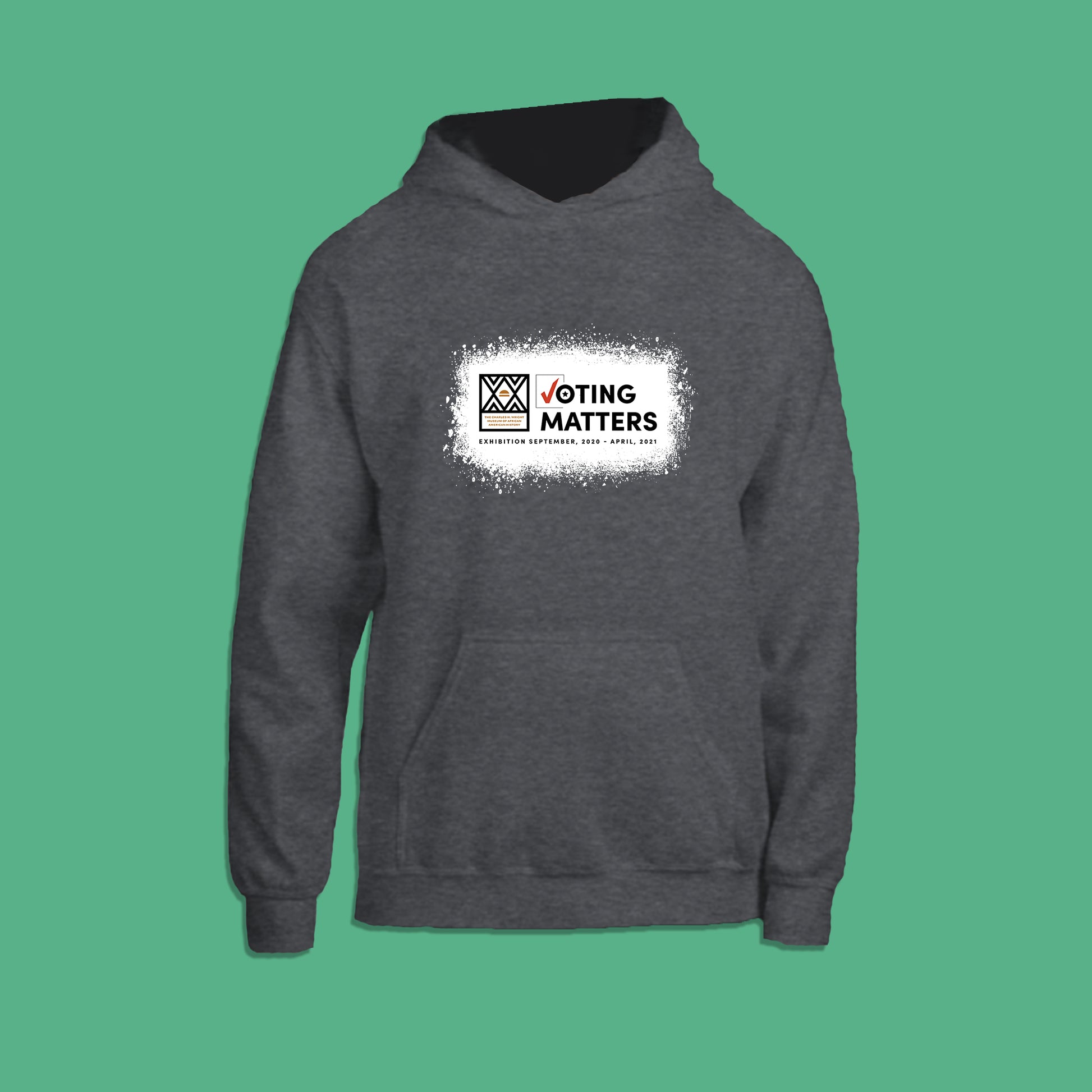 heather grey hoodie with Wright Museum's Voting Matters exhibition logo on the front