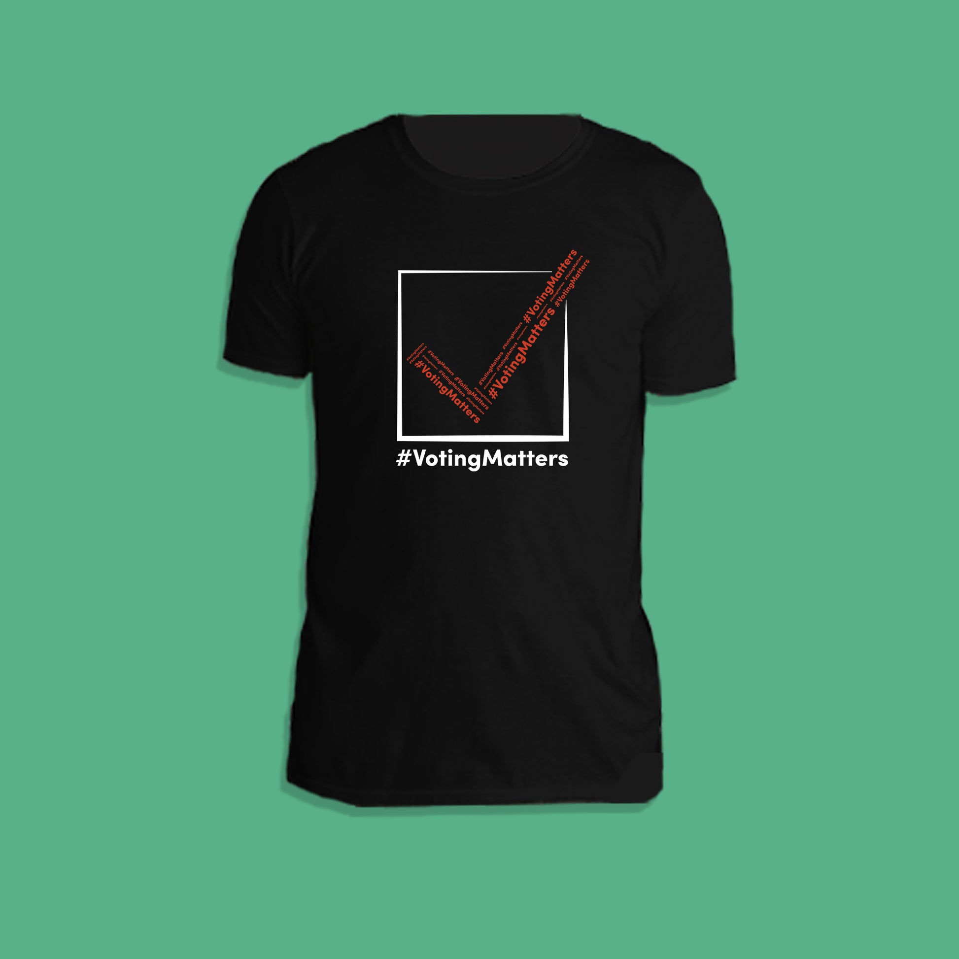 black cotton t-shirt with hashtag voting matters, red and white checkmark logo
