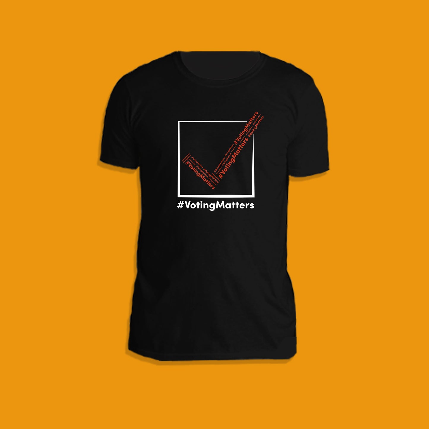 black cotton t-shirt with hashtag voting matters red and white checkmark logo